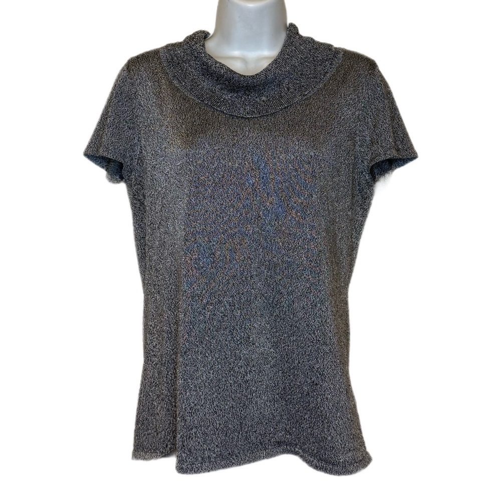 Anne Klein short sleeve black silver sparkling top cowl neck